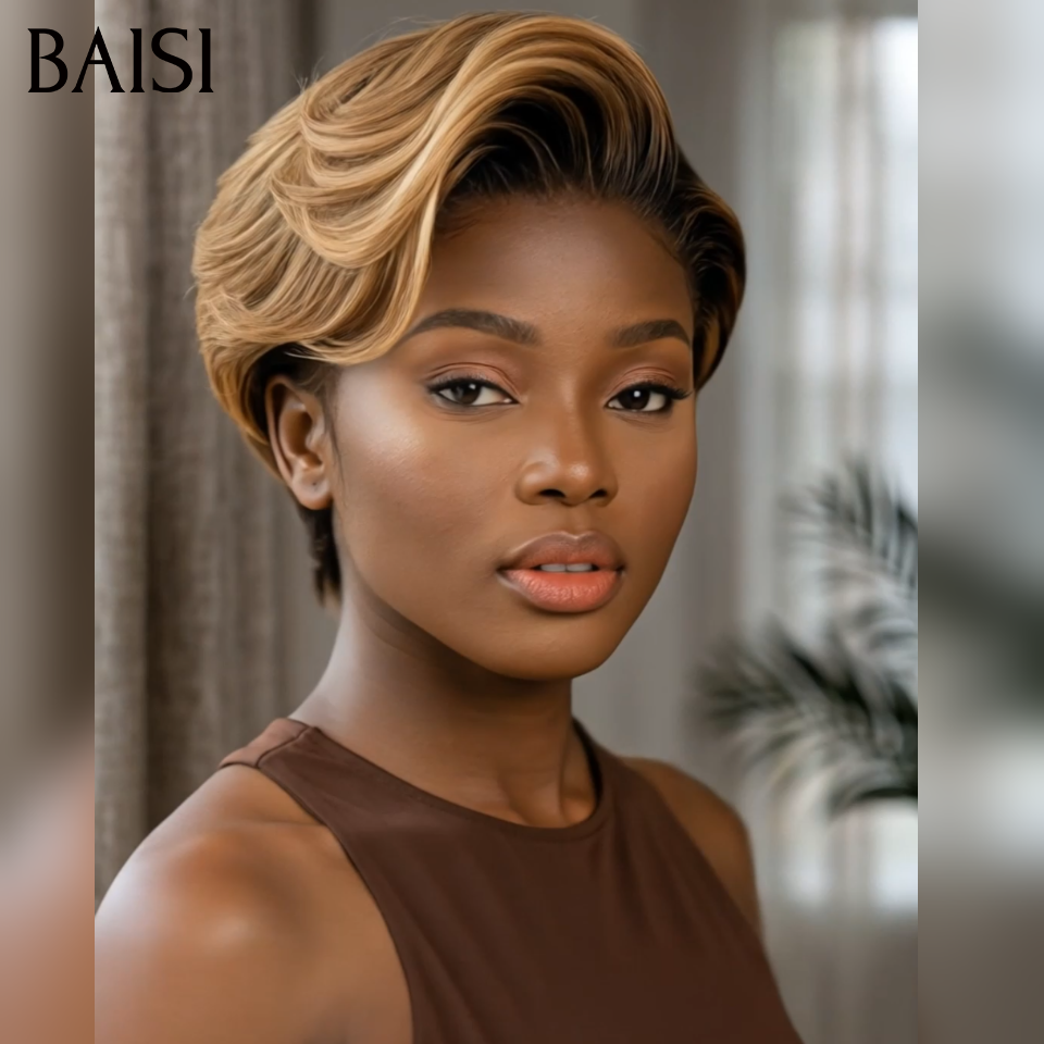 BAISI Offre Flash 13x4 Perruque Pixie boucles en mixte miel ou Noir Moitié Prix 50€ 200% densité Orange Pixie Coupe Pré-plucked 100% Cheveux Humains MP50
