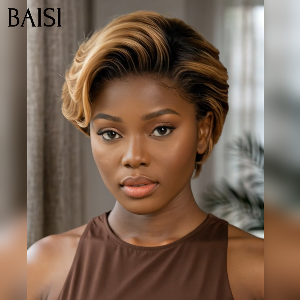 BAISI Offre Flash 13x4 Perruque Pixie boucles en mixte miel ou Noir Moitié Prix 50€ 200% densité Orange Pixie Coupe Pré-plucked 100% Cheveux Humains MP50
