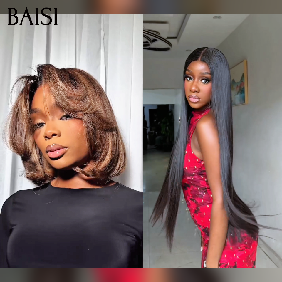 BAISI perruques Lace 13x4 1 longue + 1 courte = 200€ Lisse naturel NOIR en 100% vrais cheveux humains