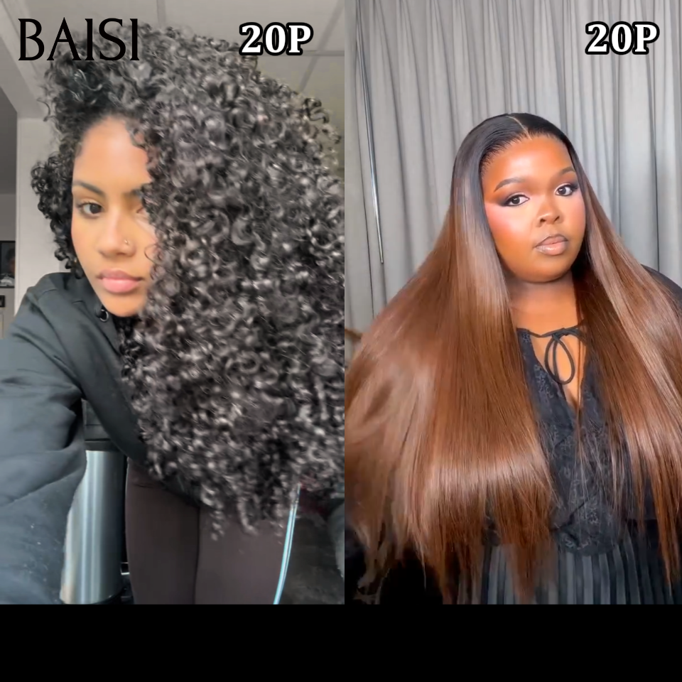 BAISI vente flash 2 Perruques 20P 220€ 13x4 lace frontale curly wave 20 pouces noir et marron 20 pouces lisse 100% human hair