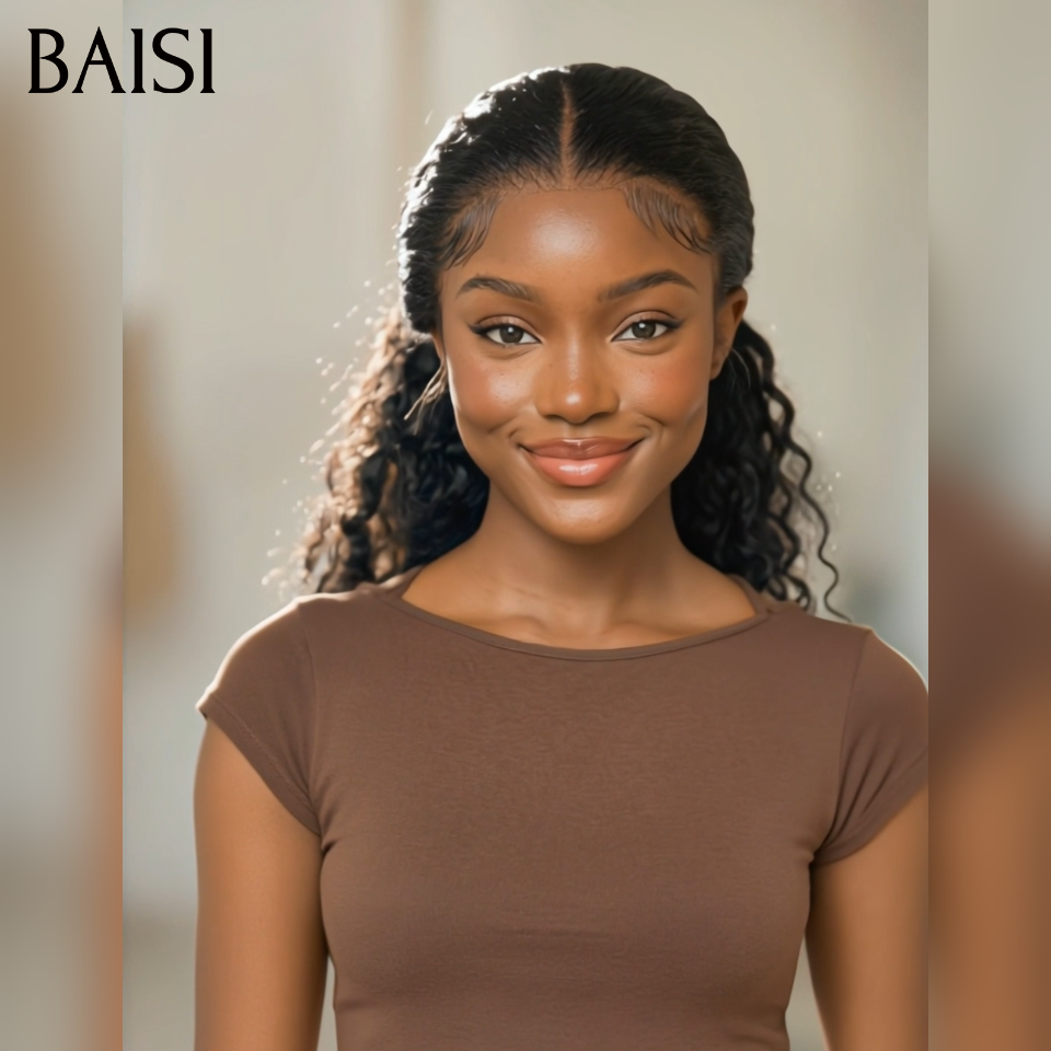 BAISI Perruque Coiffée 13x4 lace frontale en chignon bun NOIR curly wave en 100% vrais cheveux humains