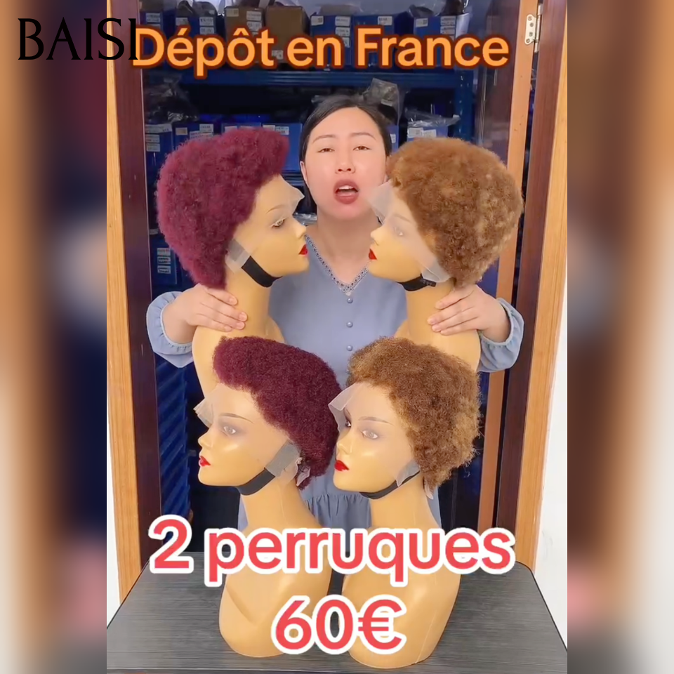 BAISI 2 perruques 13X4 lace frontale Afro 60€ sans Colle 99J#Bordeaux et 4-27# machine perruques depot en france
