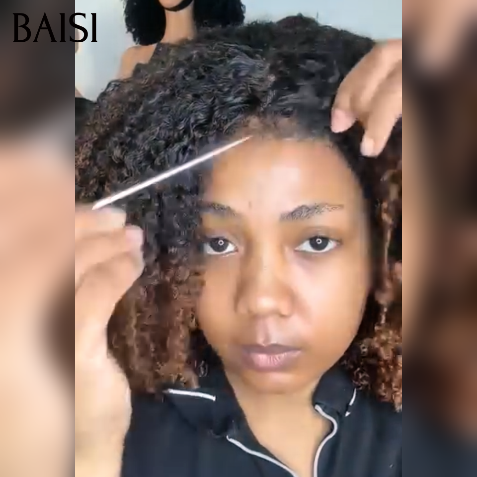 BAISI Perruque BOB Prêt-à-porter kinky curly avec Frange 14 Pouces 400% Volume couleur Marron 1BT4# sans Colle en 100%Vietnam Hair