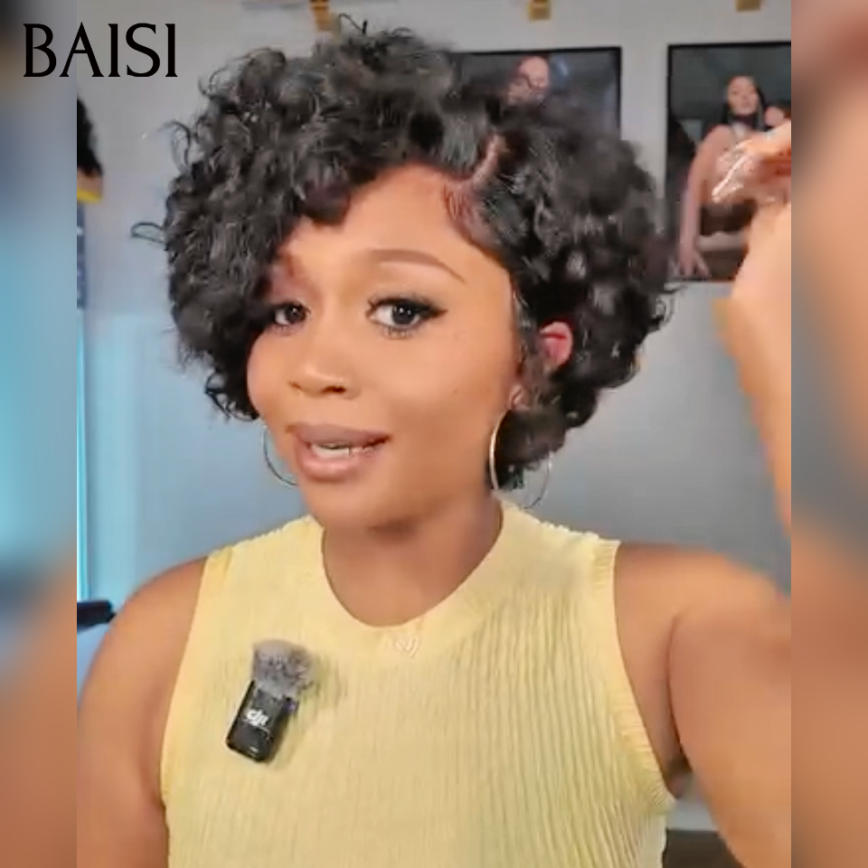 Promotion Perruque pixie curly wave 39€ ou 4X4 closure curly wave noir 1B# perruque 10 pouces 69€ closure en 100% Cheveux humain