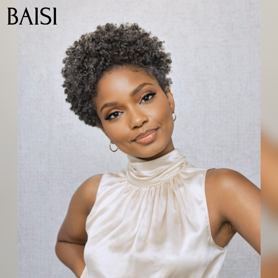BAISI pixie afro curly perruque PROMO 40€ sans colle Sans lace NOIR en 100% Cheveux Humains for black women