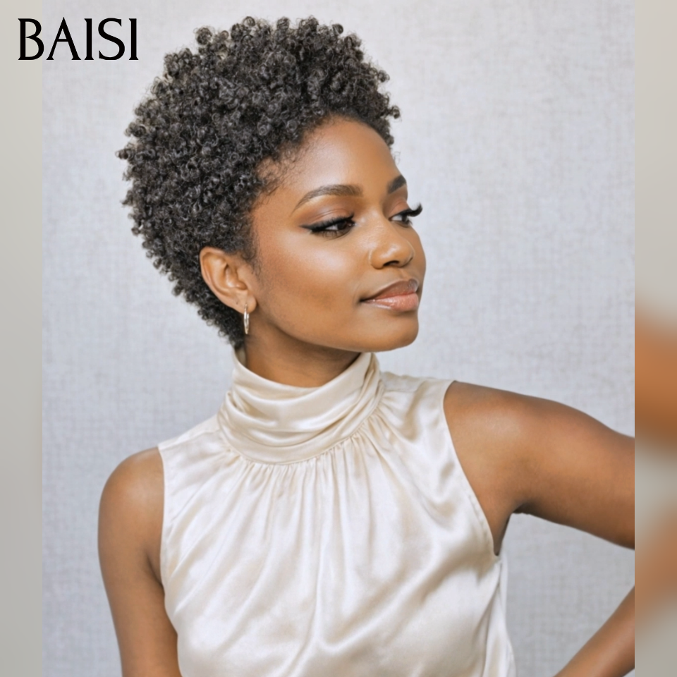 BAISI pixie afro curly perruque PROMO 40€ sans colle Sans lace NOIR en 100% Cheveux Humains for black women