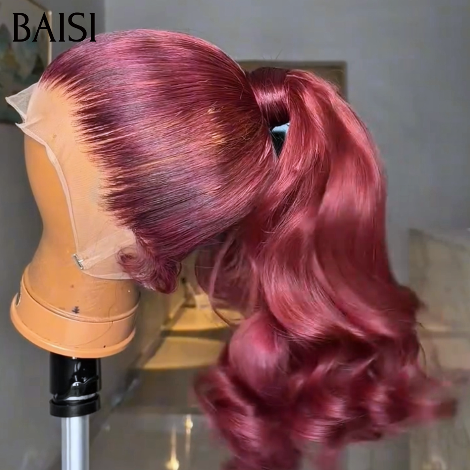 Nouveau produit 13x4 lace frontal Perruque avec Chignon de nattes PROMO Body wave Bordeaux en 100% Cheveux Humains