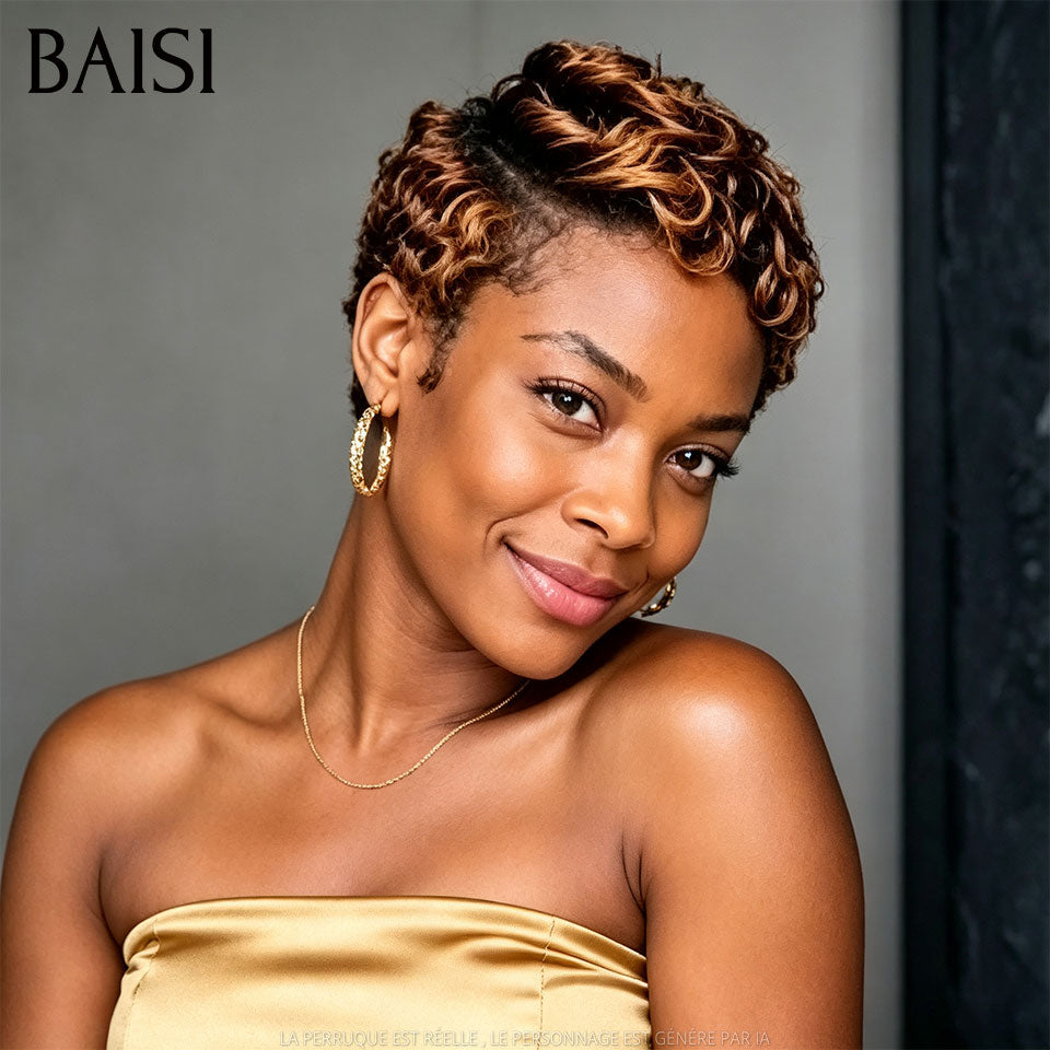 BAISI Perruque Chiomas 59€ Pixie Finger Wave petite coupe Lace Frontale en Couleur NOIR 68€ En 100% Cheveux Humains