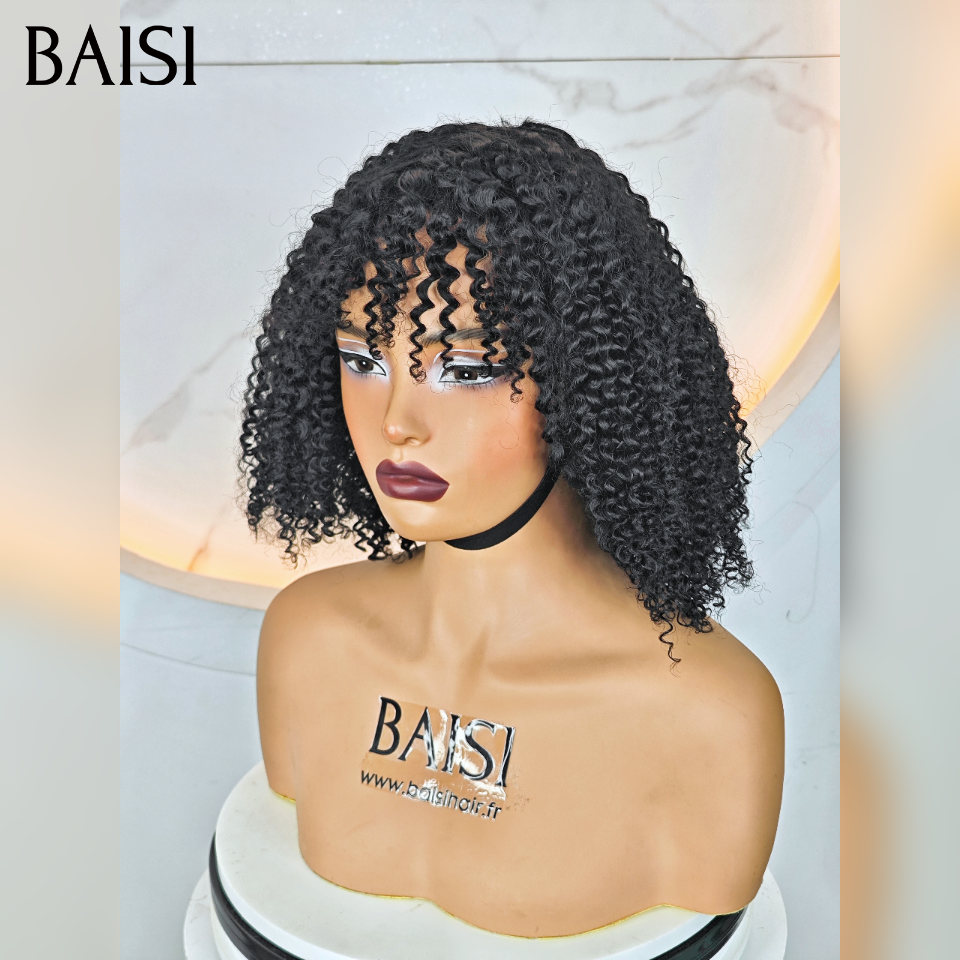 BAISI Perruque BOB curly Wave avec Frange petite coupe fabriqué à la machine 10 Pouce promo 70€ En 100% Cheveux Humains