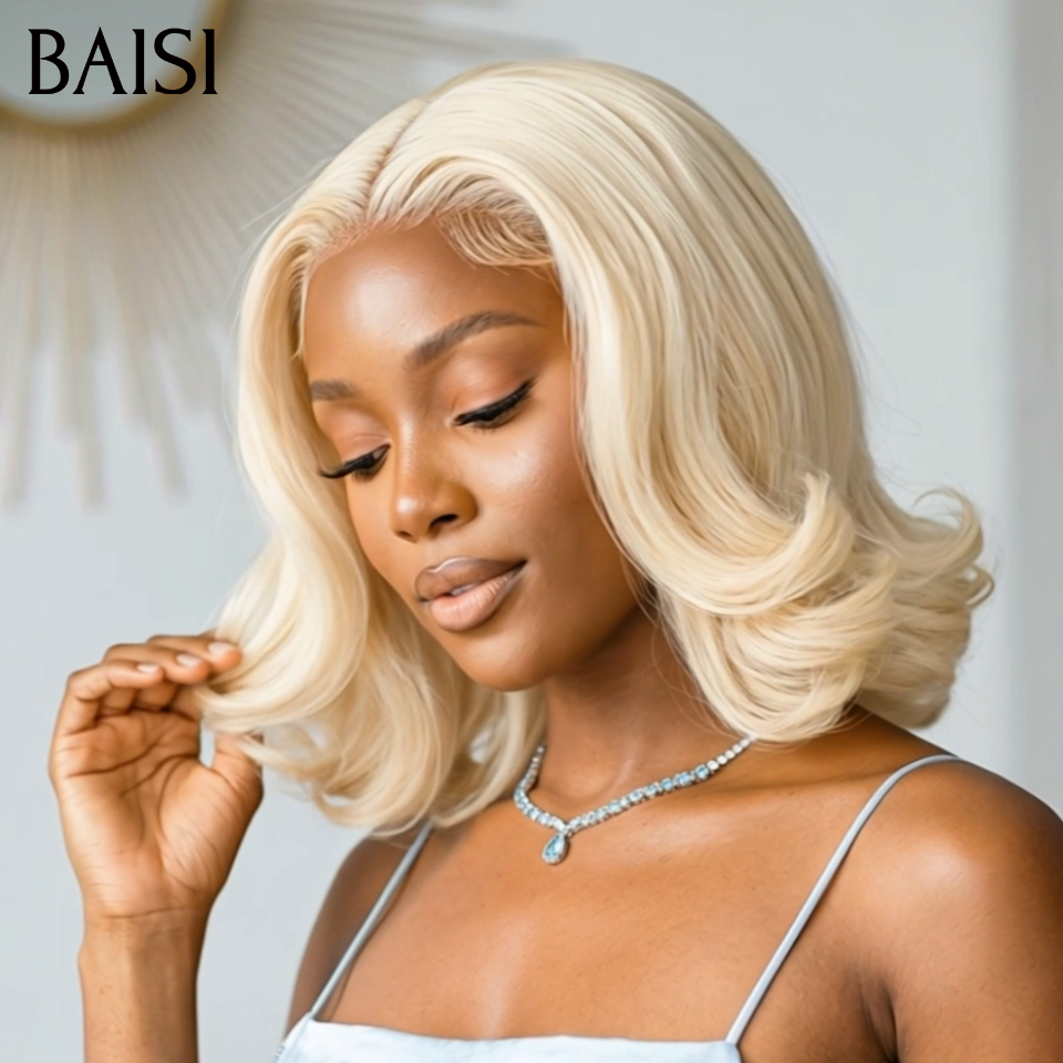 BAISI 13x4 lace frontal Perruque Bouclée Egg Wave 100€ 12 Pouces en couleur blonde 613# En 100% Cheveux Humains