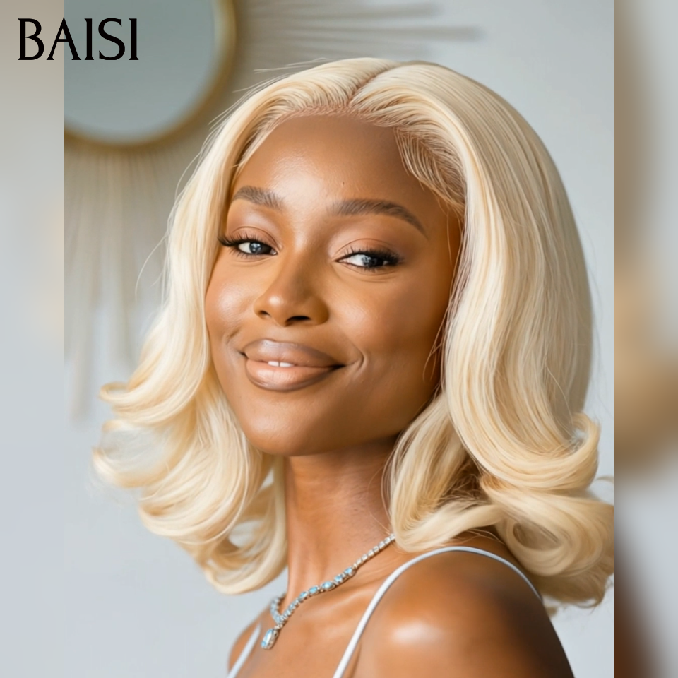 BAISI 13x4 lace frontal Perruque Bouclée Egg Wave 100€ 12 Pouces en couleur blonde 613# En 100% Cheveux Humains