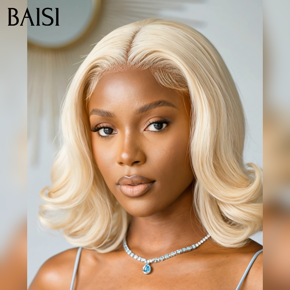 BAISI 13x4 lace frontal Perruque Bouclée Egg Wave 100€ 12 Pouces en couleur blonde 613# En 100% Cheveux Humains