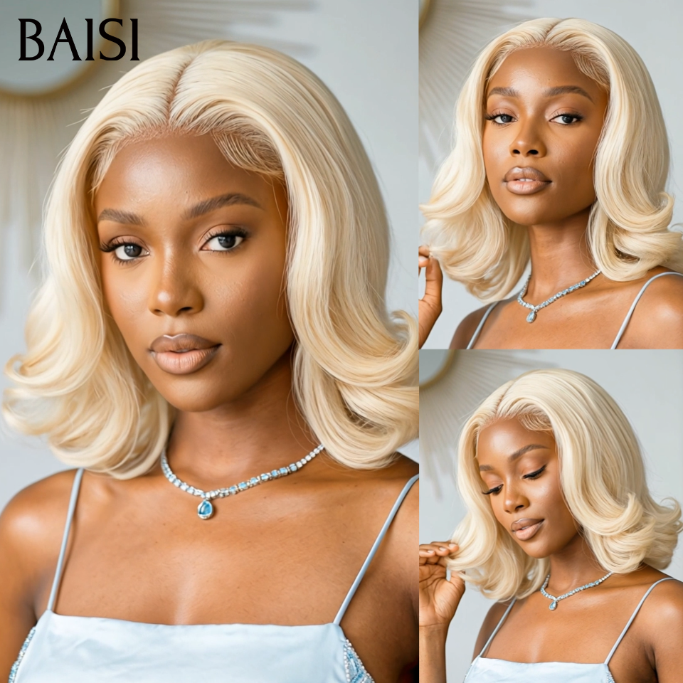 BAISI 13x4 lace frontal Perruque Bouclée Egg Wave 100€ 12 Pouces en couleur blonde 613# En 100% Cheveux Humains