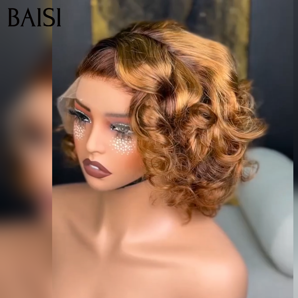 Promotion 13x4 lace frontal Perruque boucle egg wave 10 Pouce 68€ BOB en couleur Marron 4T30# en 100% Cheveux Humains