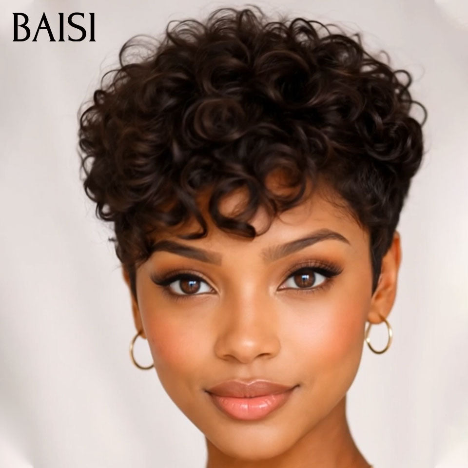 BAISI lot de Perruque 2 Bonne Qualité 149€ (curly wave frontale 16p + finger wave sans colle ) ou Pixie 13X4 lace Lisse 66€ Coiffure moitié prix 100% Cheveux Humains MP50
