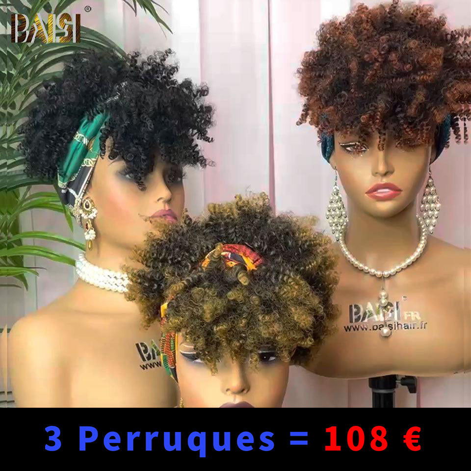 BAISI Conjunto de 3 perucas € 78 Preço acessível Tiara sintética Kinky Curly em cor Sem cola Sem renda Fácil de usar Cabelo sintético