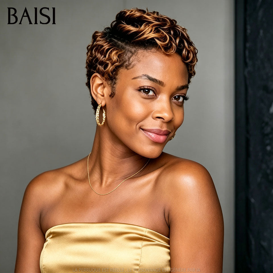 BAISI Perruque Chiomas 59€ Pixie Finger Wave petite coupe Lace Frontale en Couleur NOIR 68€ En 100% Cheveux Humains