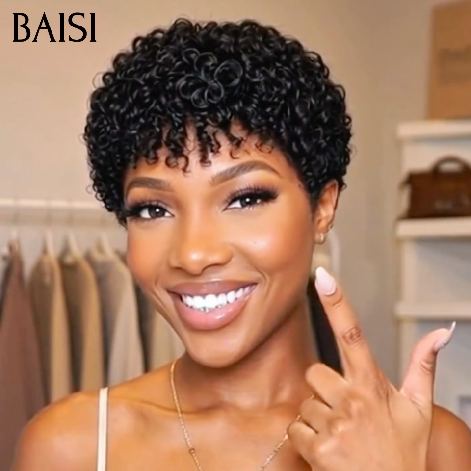 BAISI Perruque Pixie Curly avec Frange Burmese Boucle très naturelle Sans Colle Sans Lace en 100% Cheveux humains