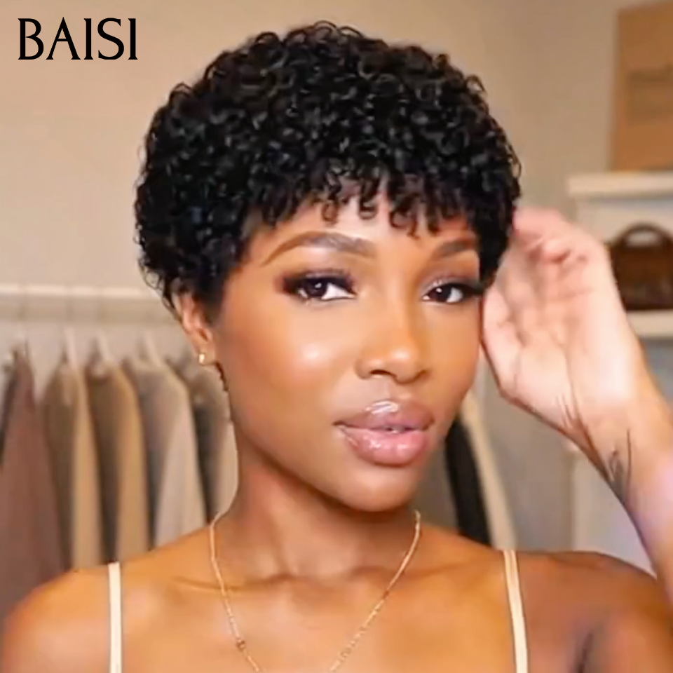 BAISI Perruque Pixie Curly avec Frange Burmese Boucle très naturelle Sans Colle Sans Lace en 100% Cheveux humains
