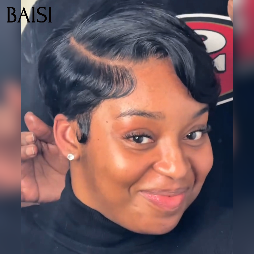 BAISI 2 Perruques Pixie 13x4 Lace Frontale Courte Lisse et Curly 88€ Prix Imbattable Couleur Noir en 100% cheveux humains