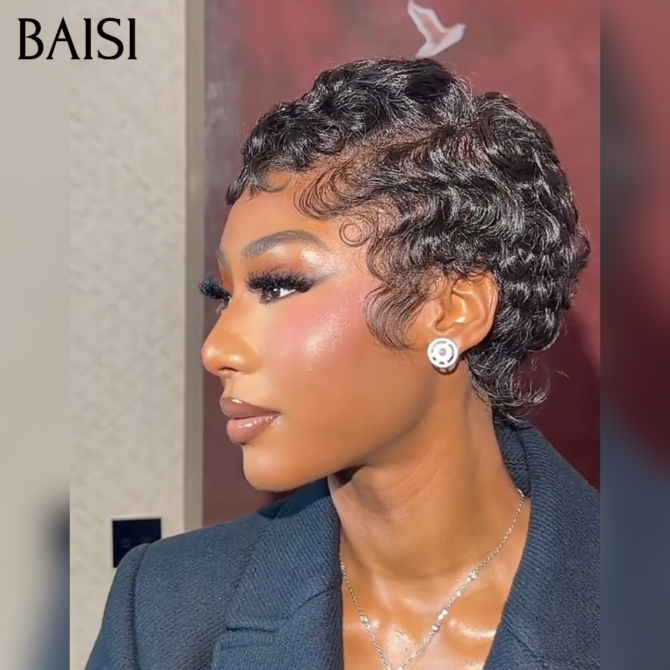 BAISI Perruque chioma Pixie Finger Wave petite coupe 13x4 Lace Frontale 6 pouces PROMO 58€ En 100% Cheveux Humains
