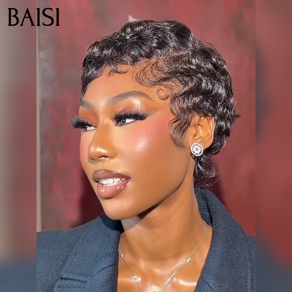 BAISI Perruque chioma Pixie Finger Wave petite coupe 13x4 Lace Frontale 6 pouces PROMO 58€ En 100% Cheveux Humains