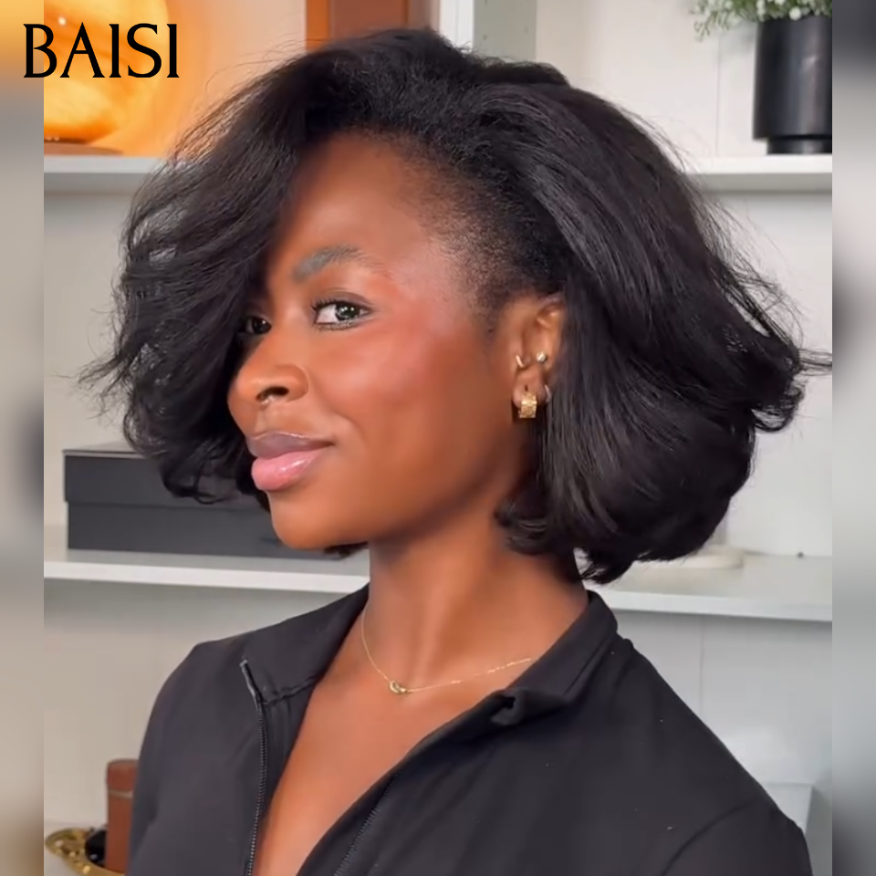 BAISI 13x4 Lace Frontal Perruque Bob Kinky Straight Pré-plucked Pas Besoin de Colle en 100% Raw Hair Lace déjà couper