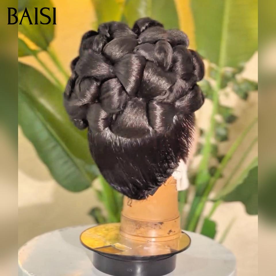 BAISI Perruques Coiffée avec noeud papillon Natte Promo 189€ en chignon bun 100% comme indiqué sur la photo NOIR Élégant et stylé En cheveux humains