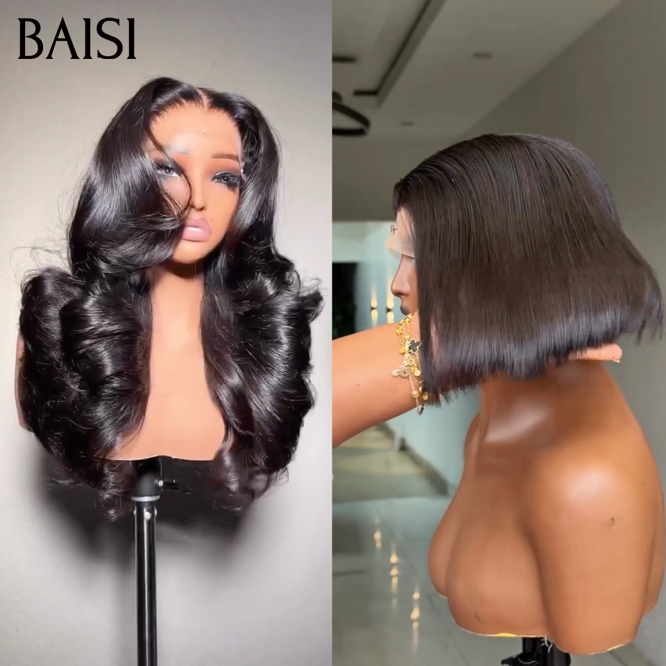 BAISI 2 Perruques Achetez 1 + 1 Gratuite = 159€ body wave 13x4 frontale 20 pouces et Lisse 4x4 closure 10 pouces Noir en 100% vrais cheveux humains