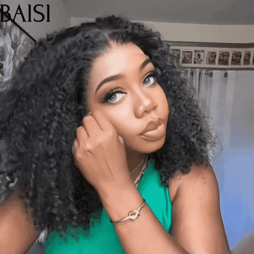 BAISI 13X4 lace perruque Afro Curly Wave avec 4C hairline 16 pouces naturel sans colle 300% densité plus de 20 ans d' utilisations 100% vrais cheveux humains