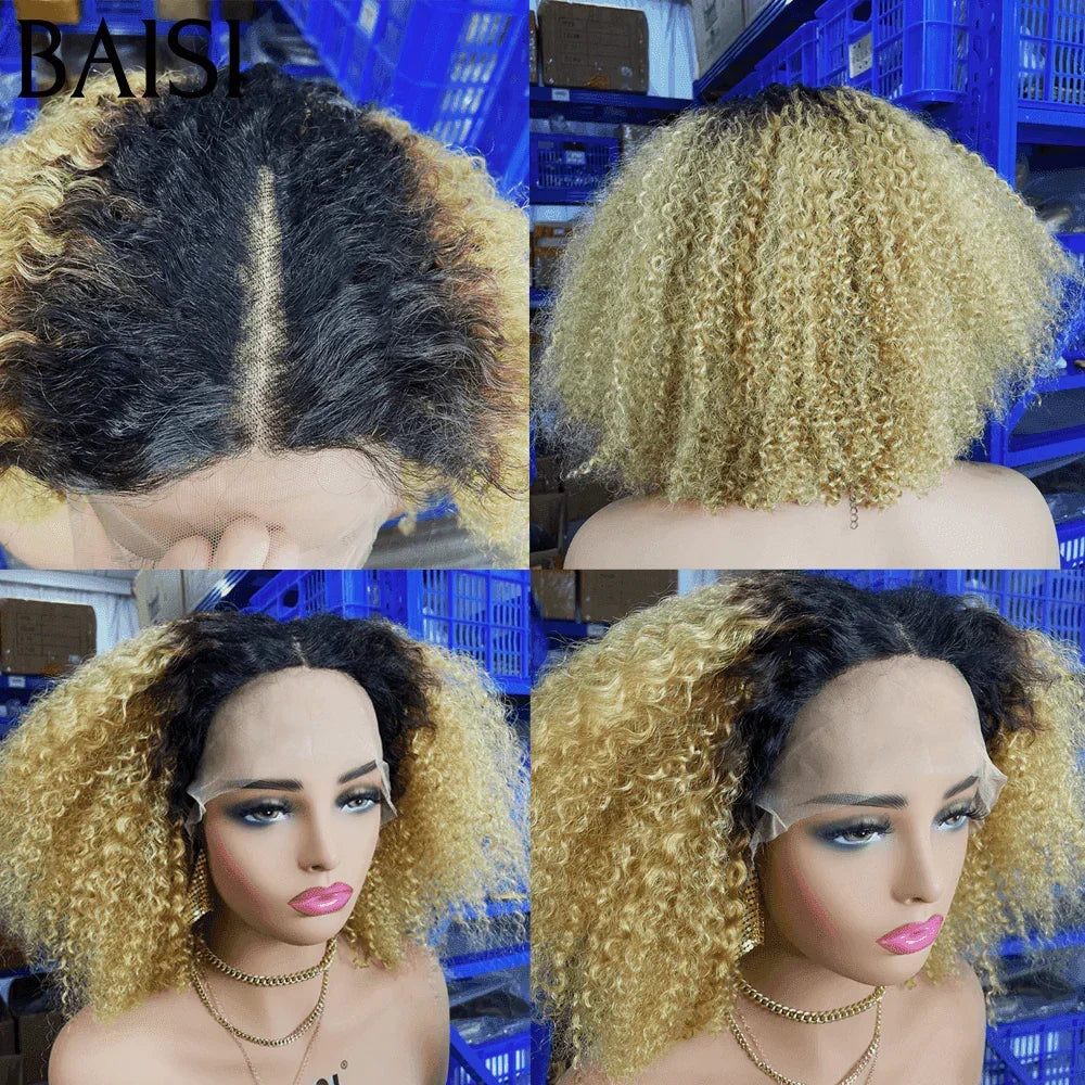 BAISI T part wig Bob Afro Curl 12 Inch Honey and black 1BT27# half price in 100% human hair FR20