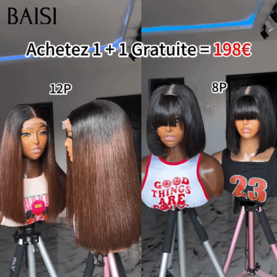 BAISI Achetez 1 + 1 Gratuite = 198€ 4X4 lace Marron 1BT4# 12 Pouces et Lisse avec Frange 8 Pouces DE luxe ou Perruque Lisse AVEC FRANGE en couleur #1BT99J en 100% Cheveux Humains