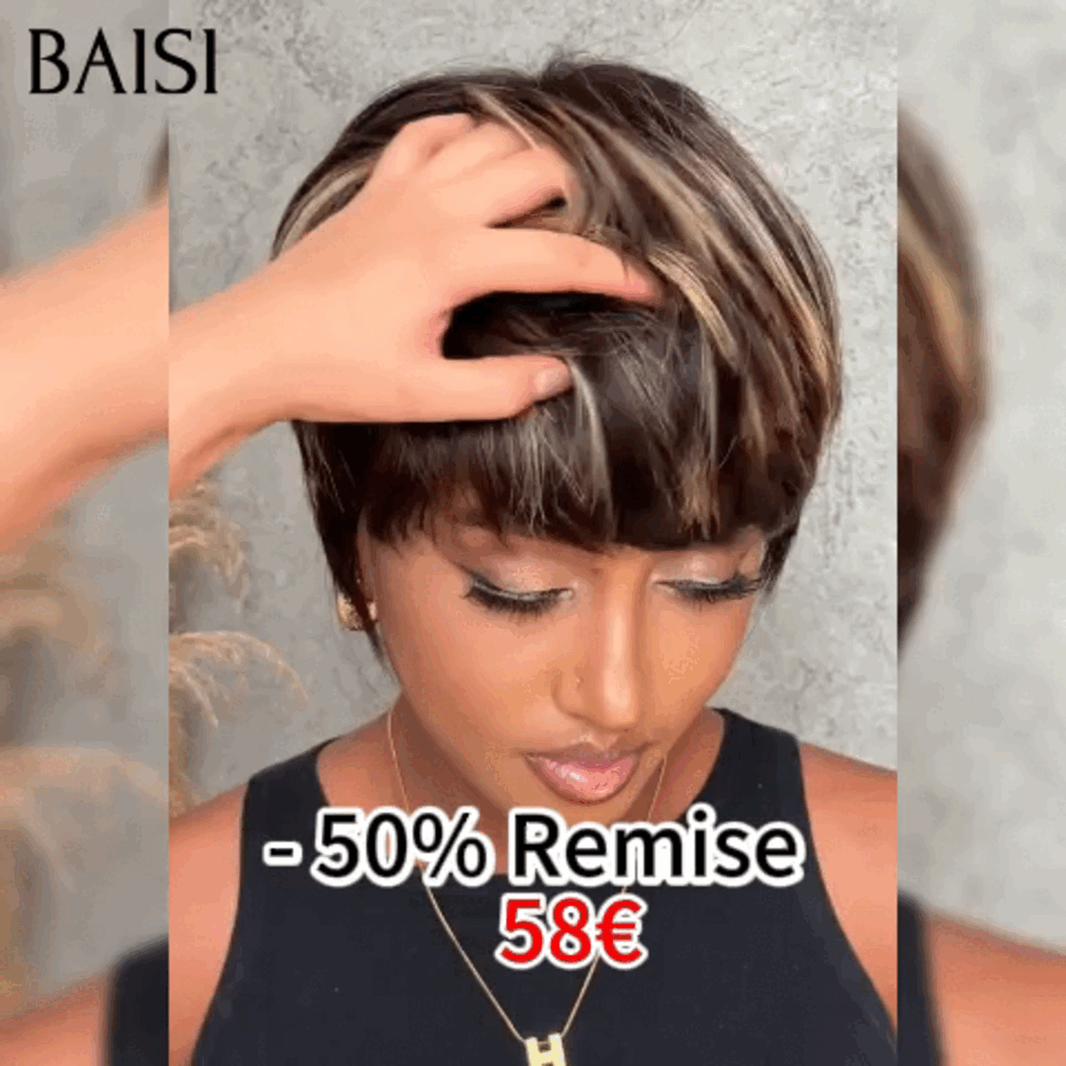BAISI Perruque Pixie Lisse en couleur Mixte 58€ moitié prix sans colle sans lace 100% Cheveux Humains Fabriqué à la Machine MP50