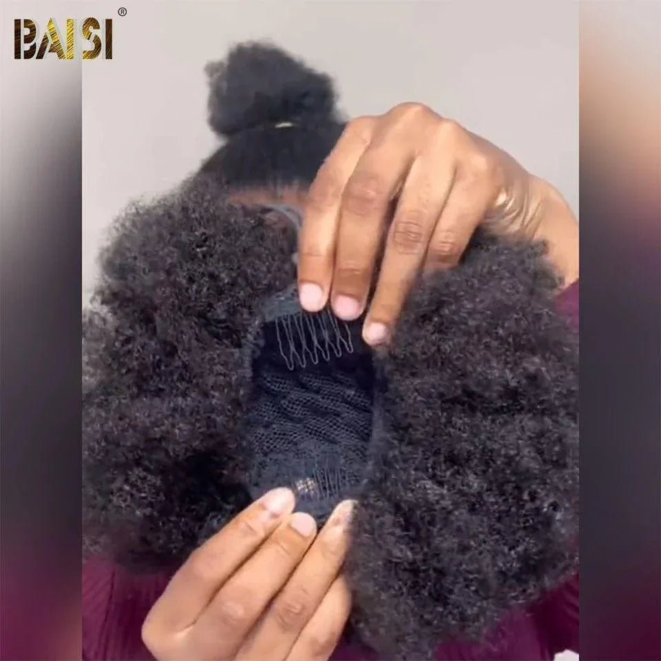 BAISI demi-perruque extension chignon ponytail 12 Pouce 109€ En Couleur Noir KINKY AFRO en 100% cheveux humains BS120