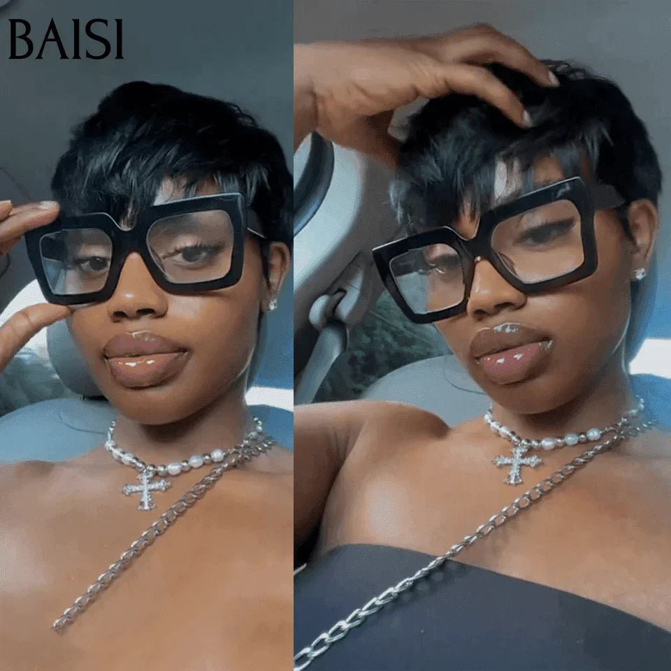 BAISI Perucas Frete Grátis na Europa Grande Promoção chegada máquina de corte pixie feita sem cola e sem renda em cabelo 100% humano #026