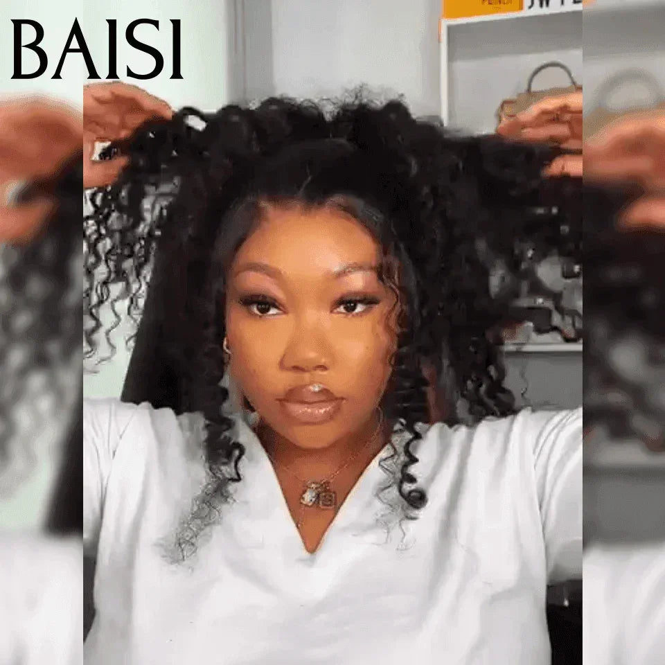 BAISI Achetez 2 perruques minimum au prix d'usine fournisseur BAISI perruque Upgrade Invisible Strap 360 Frontal curly réglable Pré-plucked Pas Besoin de Colle 250% densité en 100% Raw Hair Lace déjà couper
