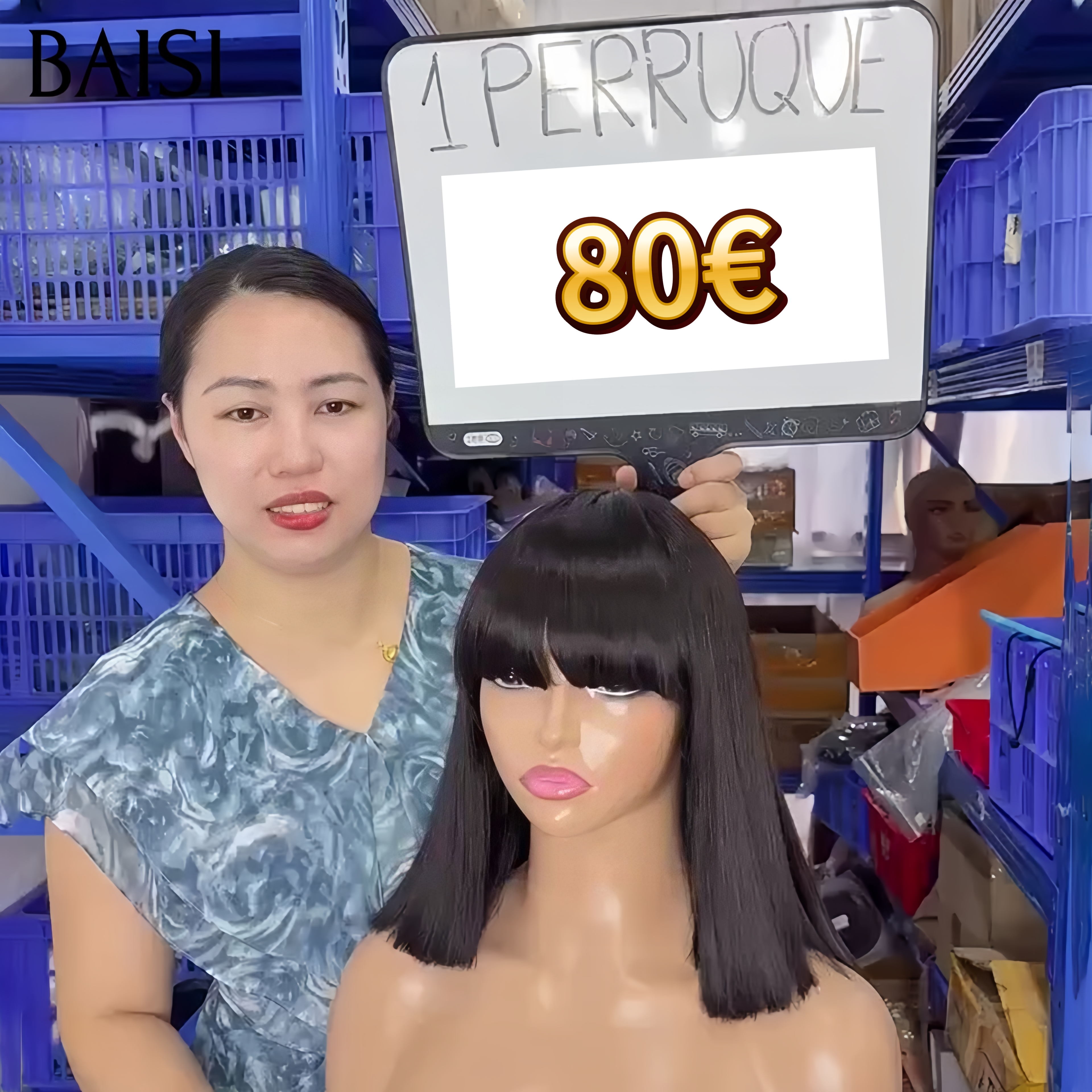 BAISI promo 2x4 lace Perruque Bob Lisse avec frange noir 10 pouces 80€ 100% Vietnam Hair sans colle en 100% Raw Hair Lace déjà couper