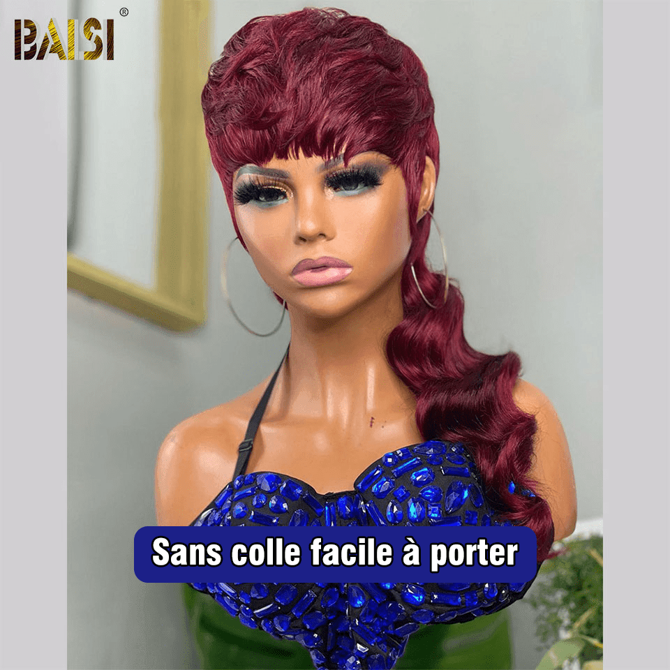 Peluca BAISI Top Model estilo MULLET en Borgoña en cabello 100% humano Hecha con cabello de hebras vírgenes doblemente dibujadas de arriba a abajo mismo tamaño mismo volumen más de 20 años de uso