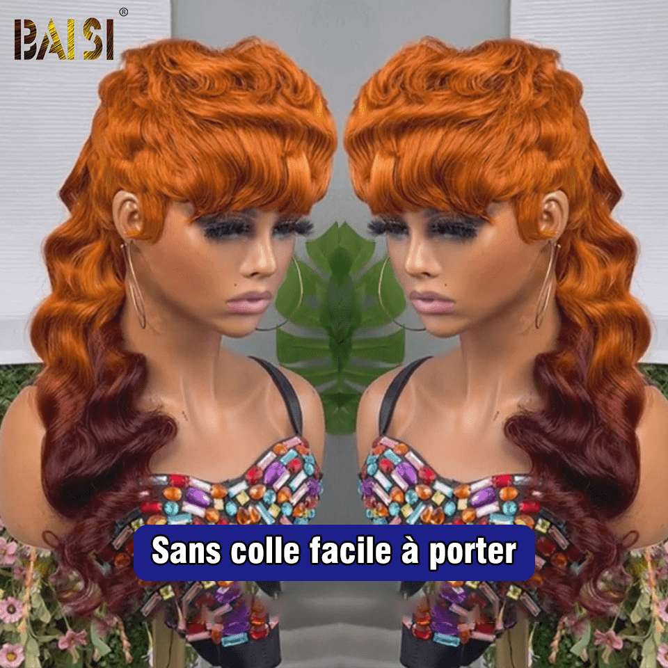 BAISI Top Model Wig MULLET Style in #350 burgundy strands in 100% Human Hair Made by double drawn virgin hair strands from top to bottom same size same volume more than 20 years of use