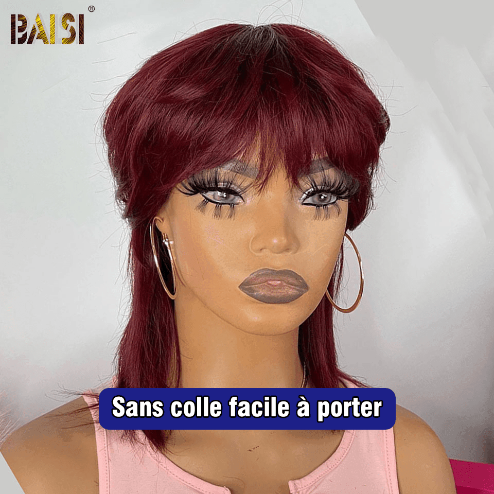 Peruca curta estilo MULLET BAISI em Borgonha sem cola fácil de usar cabelo 100% humano