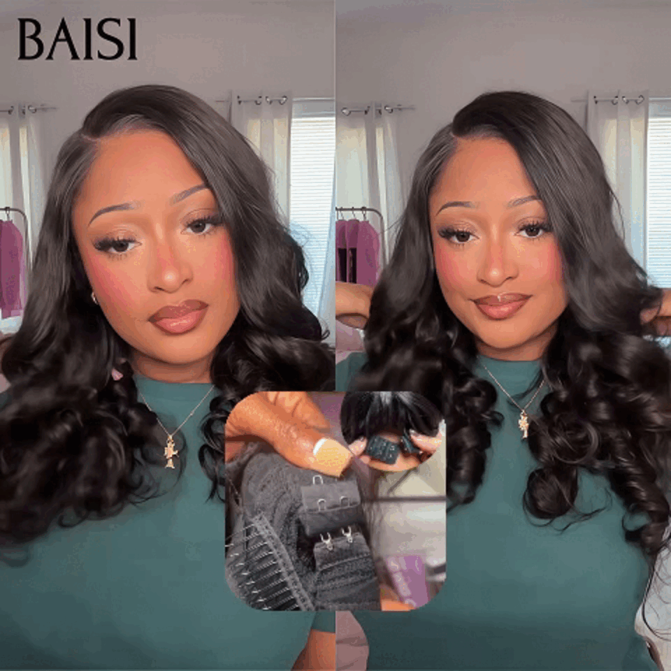 BAISI 13x6 frontale gerade vorgezupfte Perücke, kein Kleber erforderlich, in 100 % Rohhaar, Spitze bereits geschnitten B