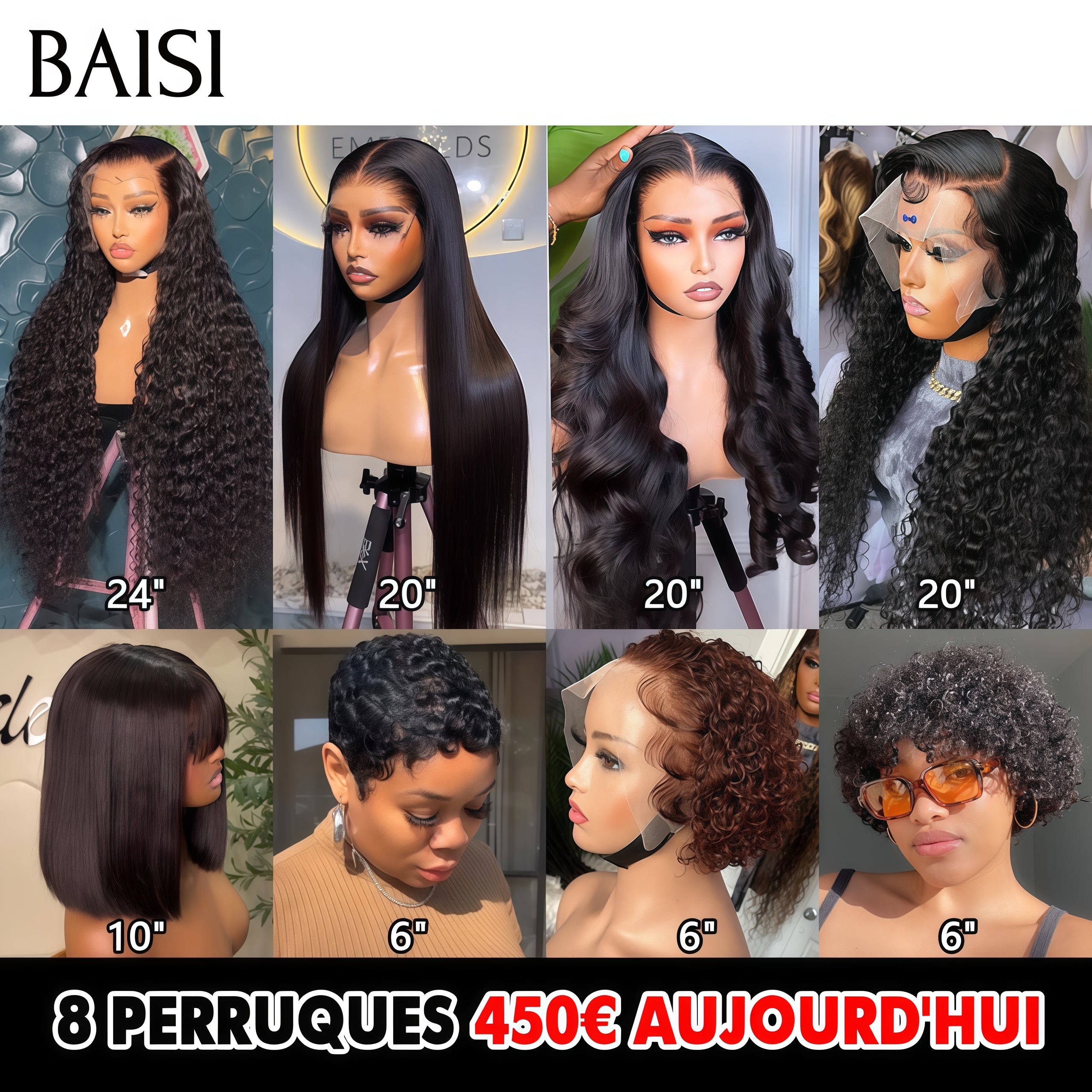 BAISI vente flash 8 perruques 450 euro 8 styles de perruques différents, longues et courtes en 100% vrais cheveux humains VIP400