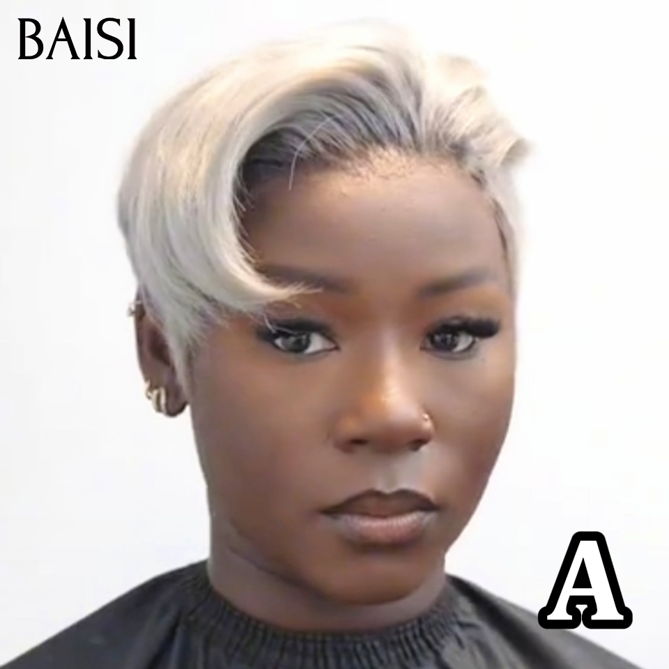 BAISI 13x4 Lace Perruque Coiffée Pixie Courte Deja Prête A Porter 109€ Couleur Blanc Crème 1B#60 Racine Noir Look Original en 100% cheveux humains