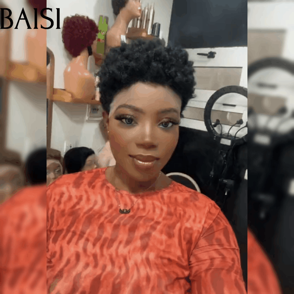 BAISI Flash Offer Pixie Afro Curl Wig 13x4 lace frontal curly all over Black in 100% human hair F-905 FR20