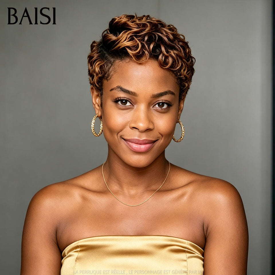 BAISI Perruque Chiomas 59€ Pixie Finger Wave petite coupe Lace Frontale en Couleur NOIR 68€ En 100% Cheveux Humains