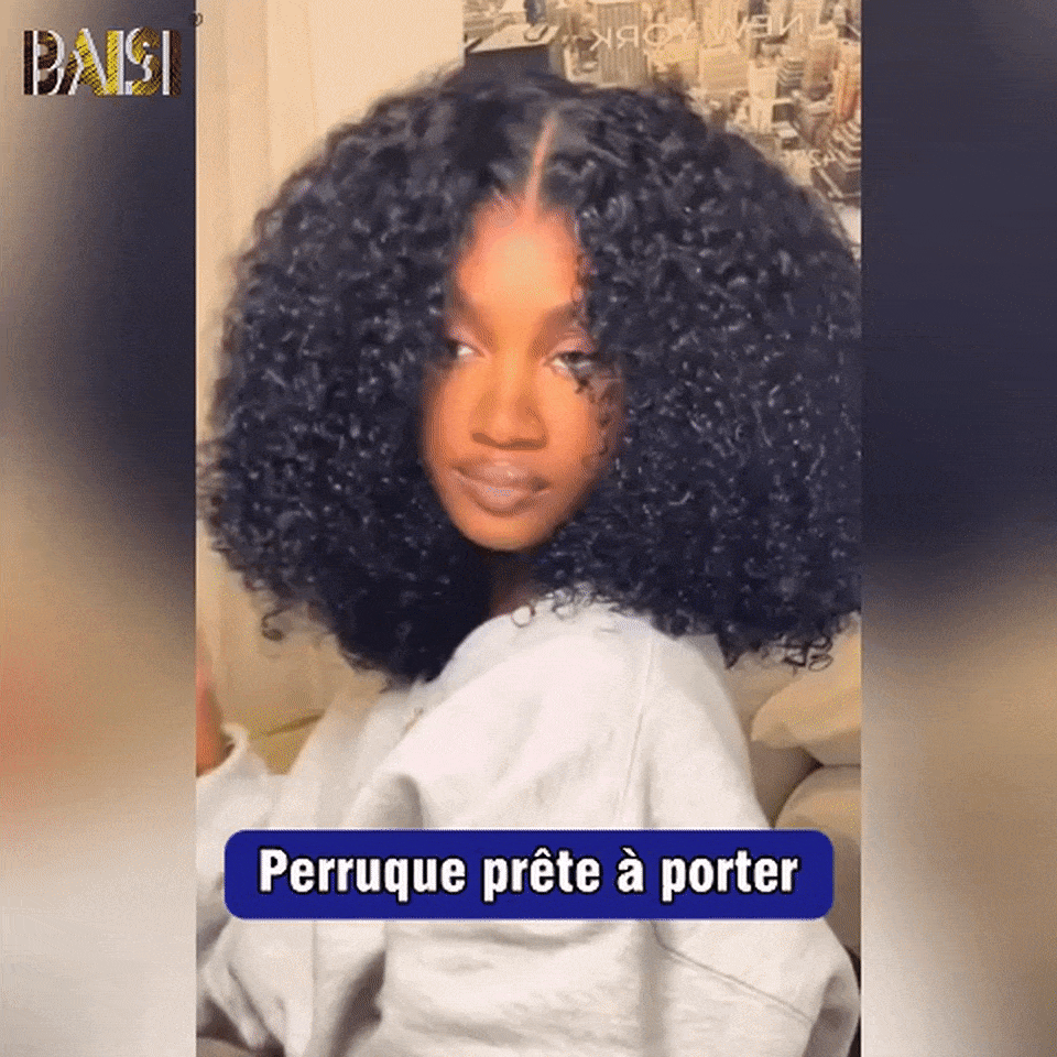 BAISI 300% densité Perruque bob Afro curly 16 pouces en couleur Noir Pré-plucked Pas Besoin de Colle 4C hairline en 100% Raw Hair Lace déjà couper VIP100