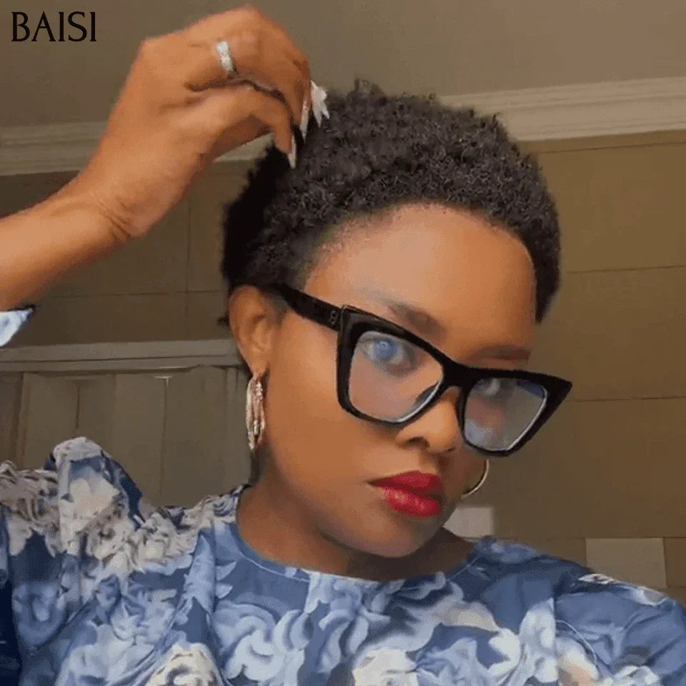 BAISI Prix en Gros Chioma Sans Colle 44€ ou 46€ Perruque Pixie Afro sans lace sans colle bouclé partout Noir en 100% cheveux humains