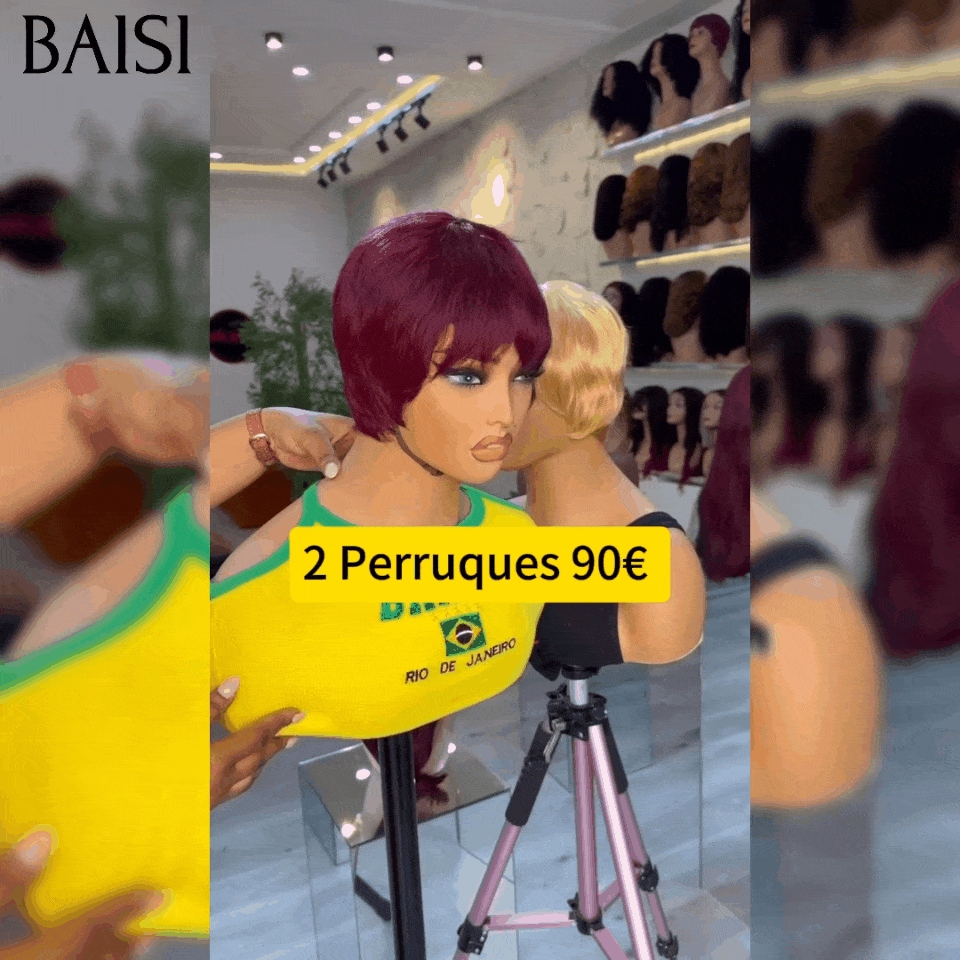 BAISI 2 Perruques Pixie En Couleur 99J# et 27# 90€ sans colle sans lace en 100% Cheveux Humains