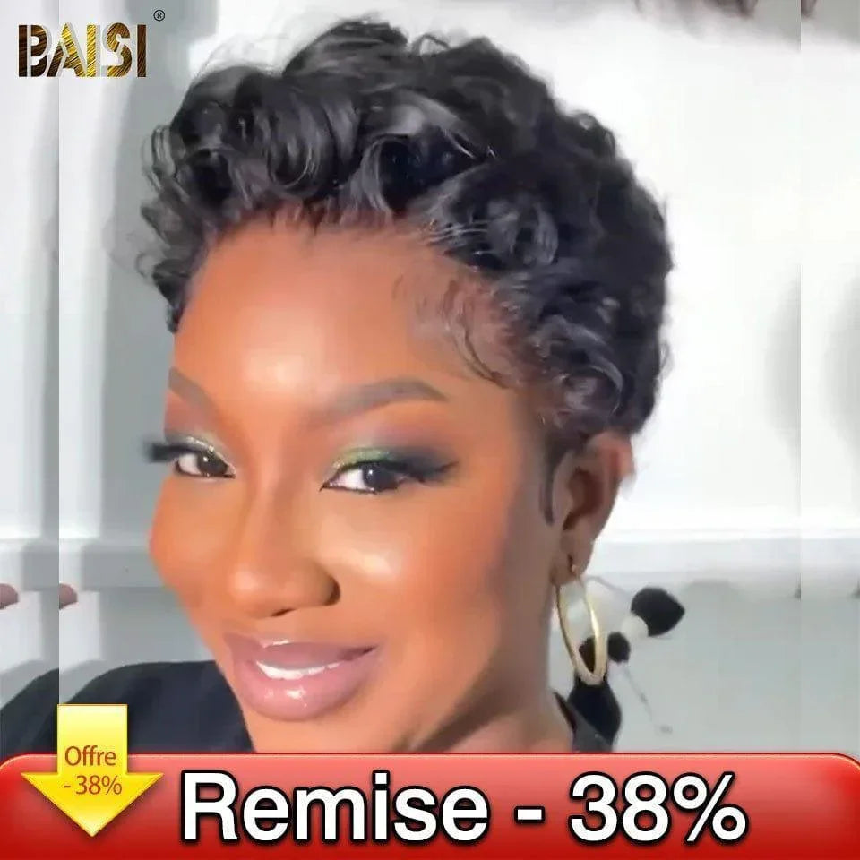 Peluca BAISI Pixie ondulada en color negro 69€ sin encaje en 100% Cabello Humano #9018 CÓDIGO: FR38