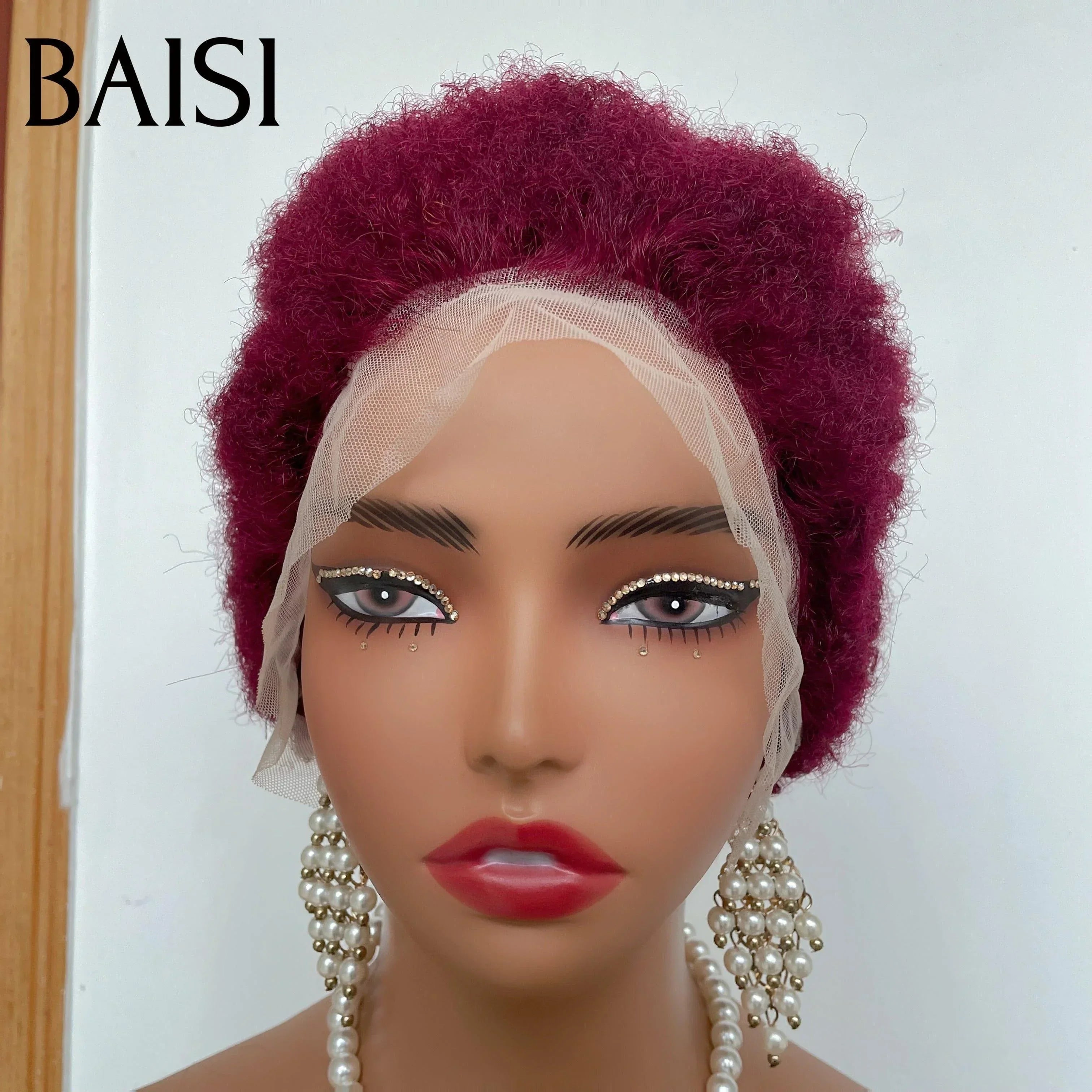 BAISI 13X4 lace frontal curly wave NOIR 50€ ou Sans Colle 48€ en Rouge Bordeaux ou 13X4 Perruques Pixie #905 afro curly En 100% Cheveux Humains